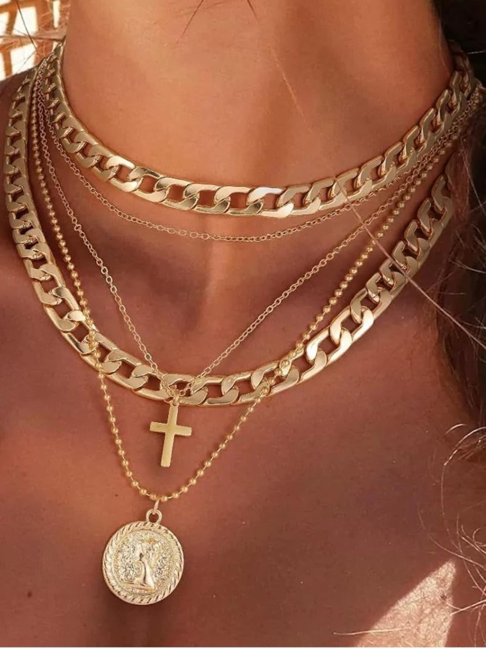 Anthropologie Gold-Tone Layered Chain Necklace Set with Cross & Coin